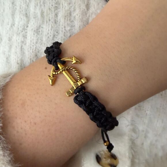 Jewelry - Black Braided Cord Anchor Bracelet Gold Tone Nautical Adjustable Rope